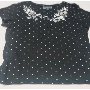 Karen Scott XL Black Polka Dot Floral Embroidered Short Sleeve Top